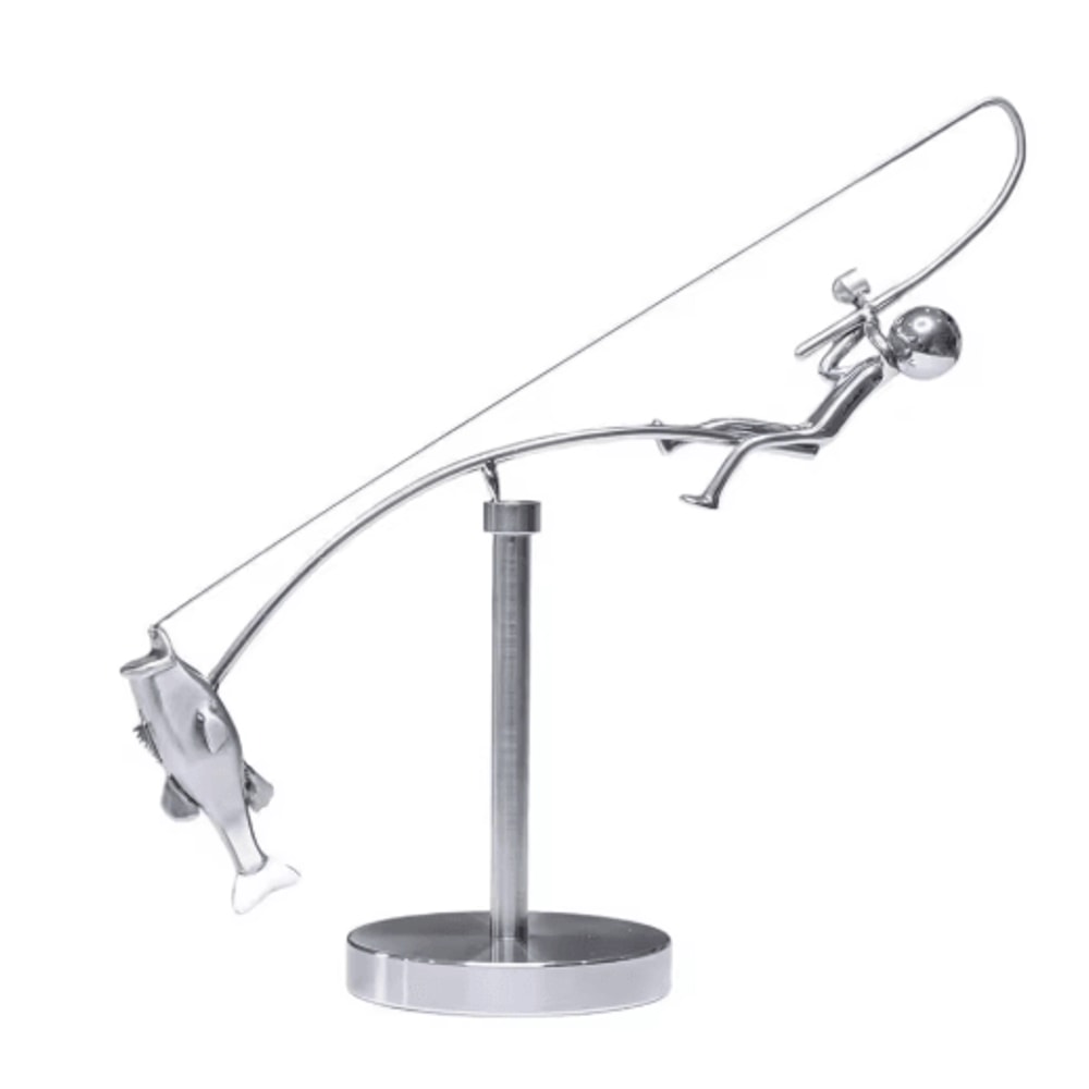 Handmade Kinetic Fishing Sculpture Metal Fisherman Balancing Desk Ornament 1