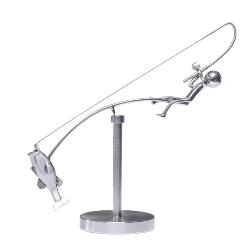 Handmade Kinetic Fishing Sculpture Metal Fisherman Balancing Desk Ornament 1