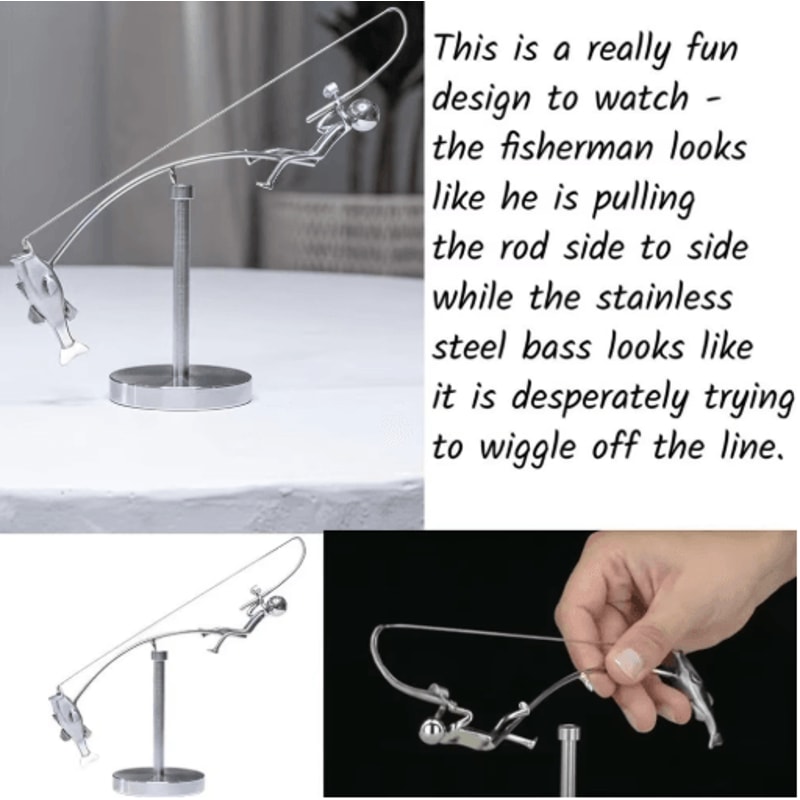 Handmade Kinetic Fishing Sculpture Metal Fisherman Balancing Desk Ornament 2