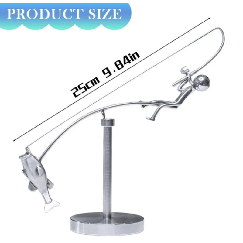 Handmade Kinetic Fishing Sculpture Metal Fisherman Balancing Desk Ornament 3