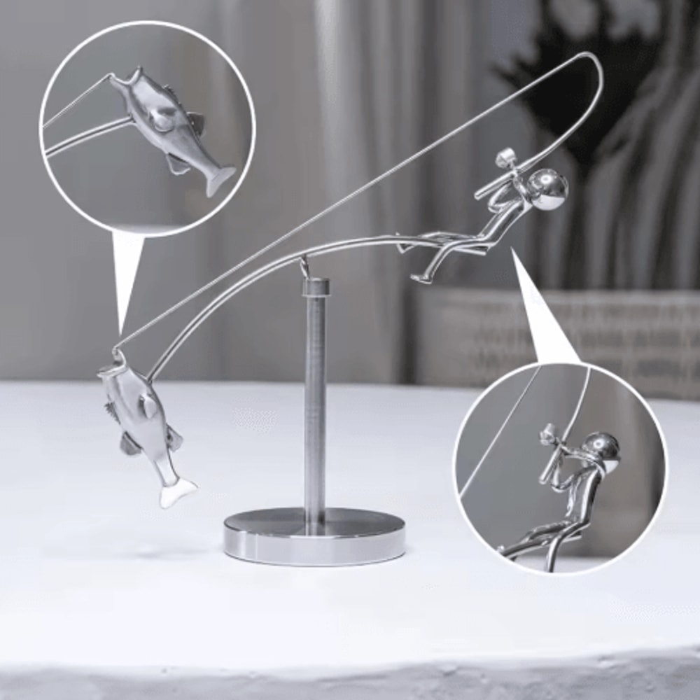 Handmade Kinetic Fishing Sculpture Metal Fisherman Balancing Desk Ornament 5