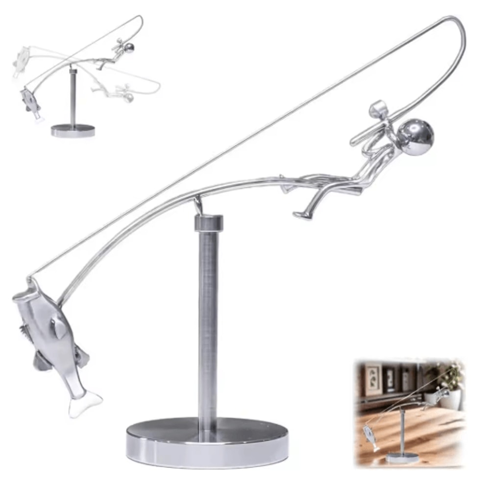 Handmade Kinetic Fishing Sculpture Metal Fisherman Balancing Desk Ornament 0