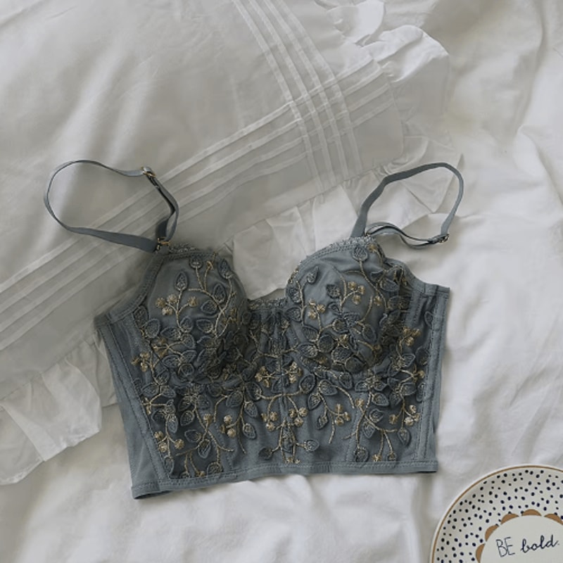 Embroidered Lace Fishbone Corset Bra With Underwire Half Cup Design 3