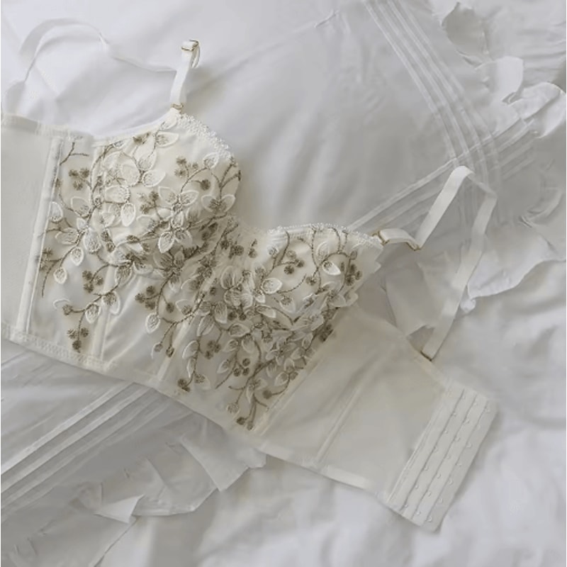 Embroidered Lace Fishbone Corset Bra With Underwire Half Cup Design 4