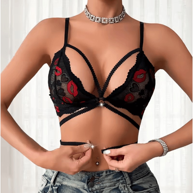 Black Lip Print 3 To 4 Cup Wire Free Sexy Lingerie Bra 1