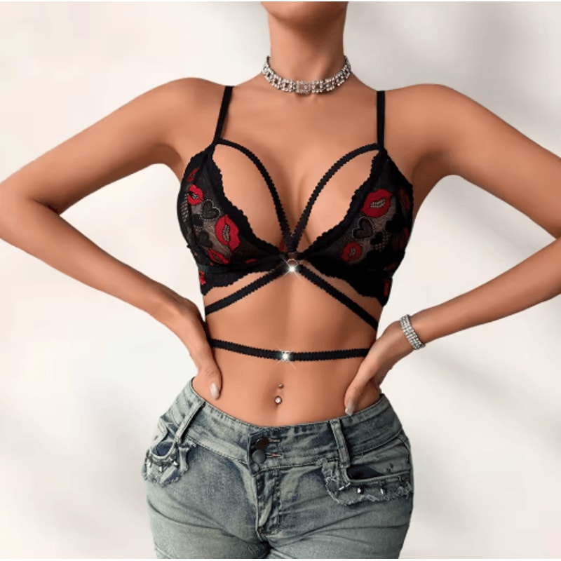 Black Lip Print 3 To 4 Cup Wire Free Sexy Lingerie Bra 4