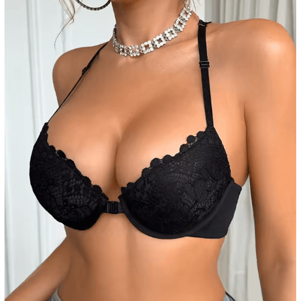 Fashion Lace Splicing Front Clasp Push Up Bra For Women 4