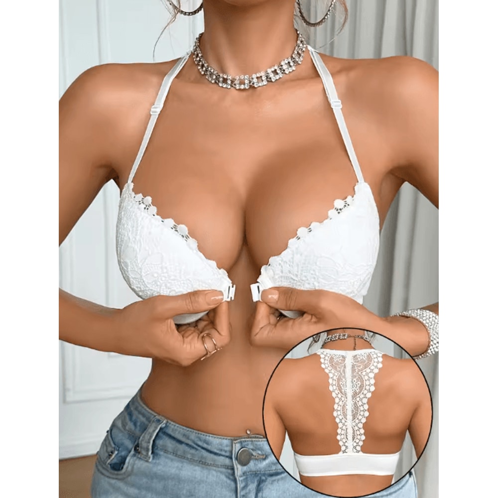 Fashion Lace Splicing Front Clasp Push Up Bra For Women 5