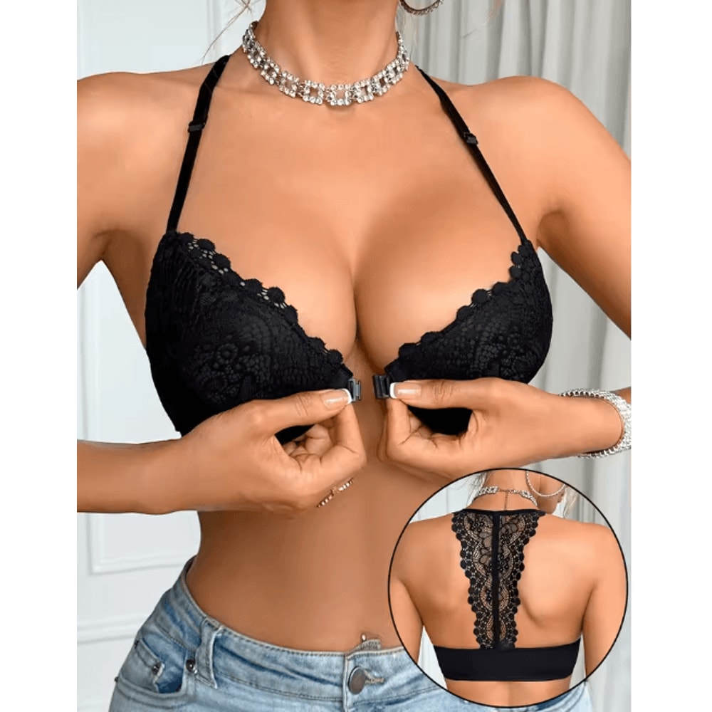Fashion Lace Splicing Front Clasp Push Up Bra For Women 0
