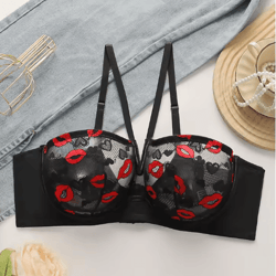 red lips halter deep v plus size push up lace bra with underwire