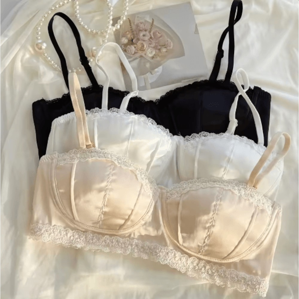 French Satin Seashell Half Cup Underwire Lace Bra 0