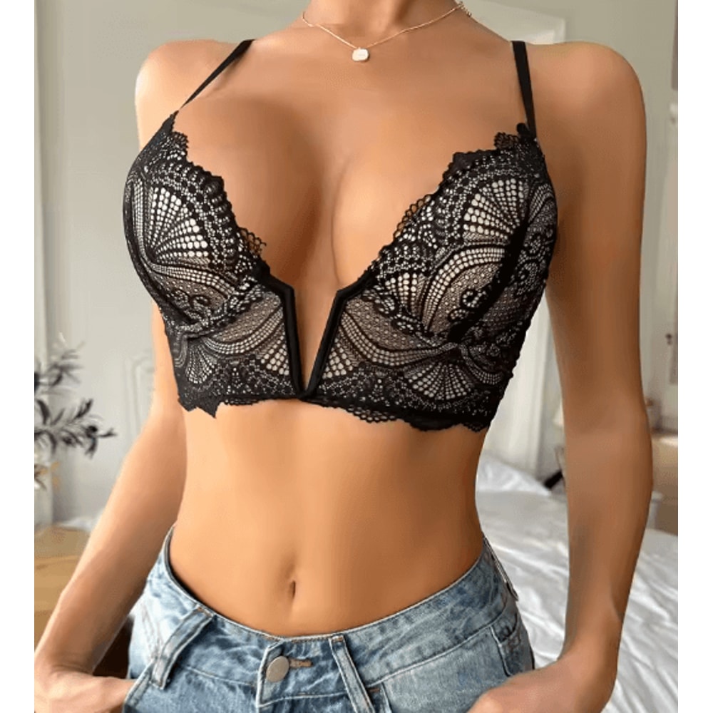 Elegant VNeck Lace Underwire Push Up Bra For B Cup 0