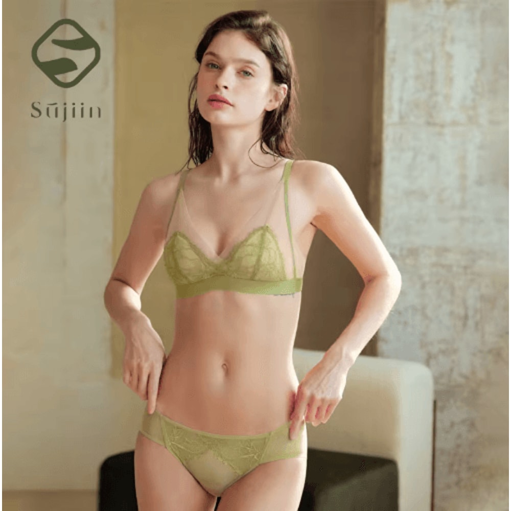 SUJIIN Seamless Wireless Triangle Lace Bra With Beautiful Back Design 0