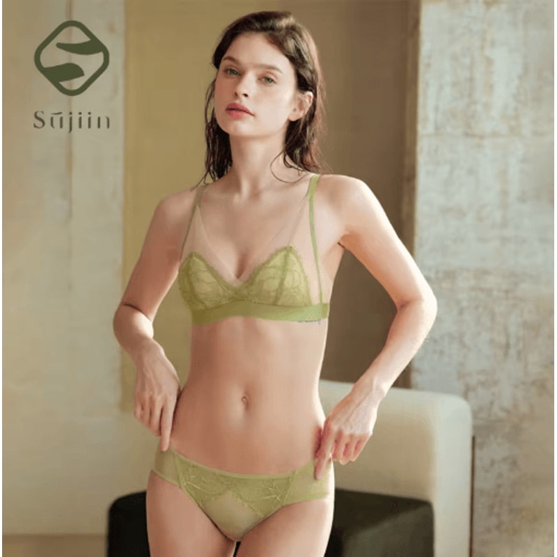 SUJIIN Seamless Wireless Triangle Lace Bra With Beautiful Back Design 0