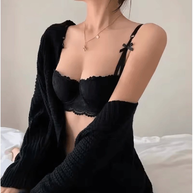 French Style Half Cup Push Up Lace Bra With Deep V Design 8