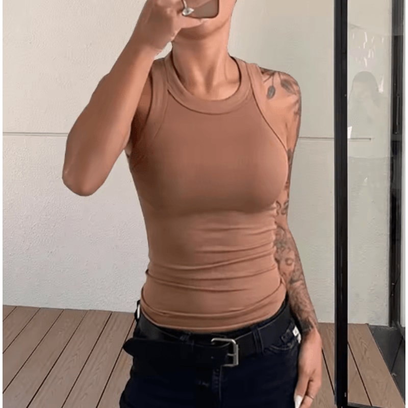 Solid Fitted Round Neck Knit Tank Top For Effortless Summer Style 4