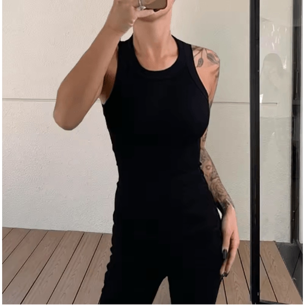 Solid Fitted Round Neck Knit Tank Top For Effortless Summer Style 0