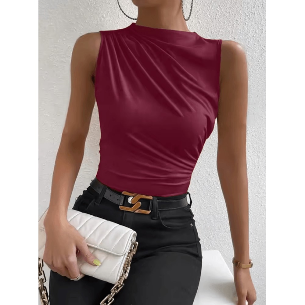 Mock Neck Ruched Sleeveless Tank Top Summer 2024 Y2K Street Style 1