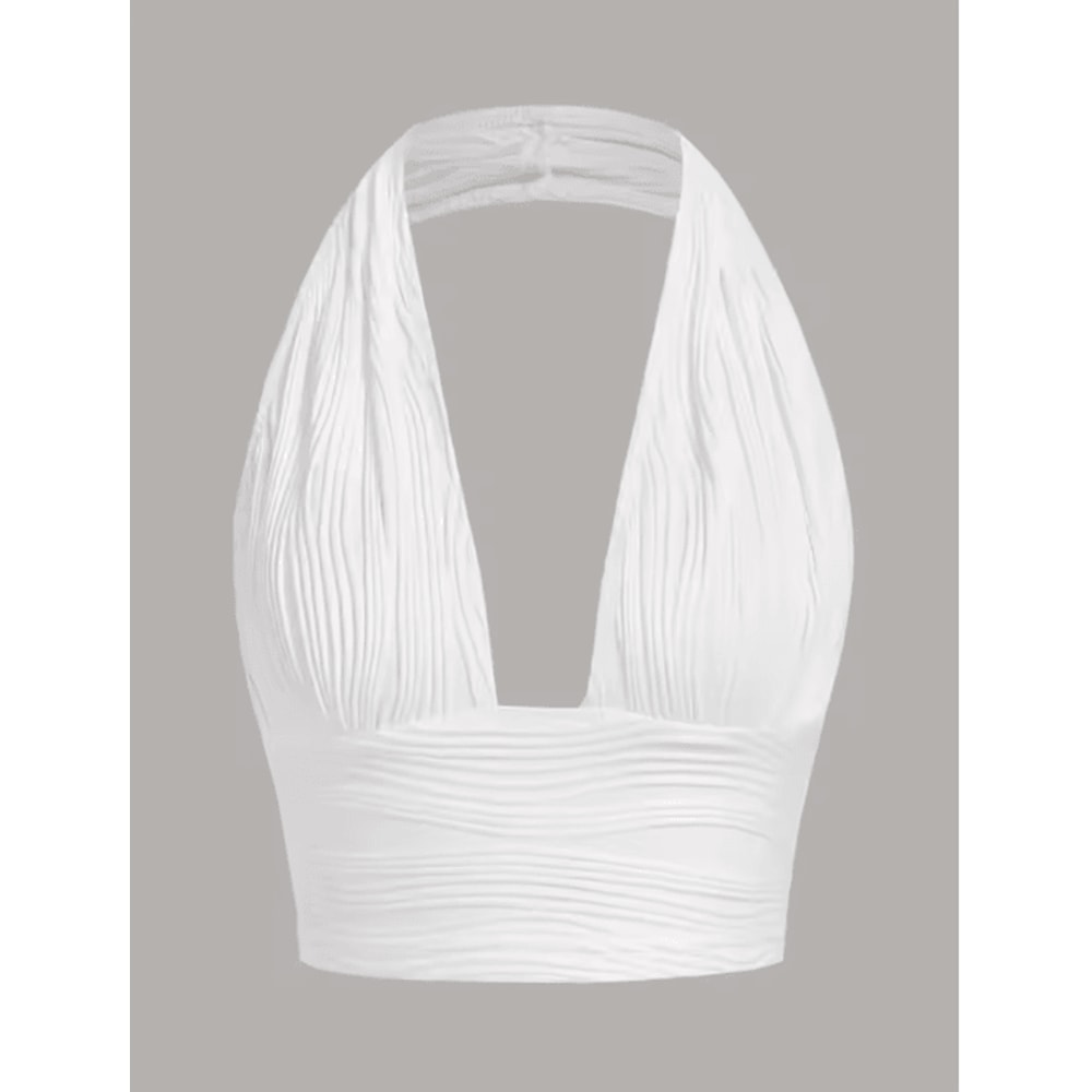 White Deep V Backless Halter Crop Top Y2K Club Street Style 2