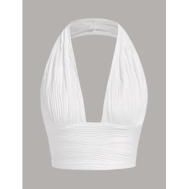 White Deep V Backless Halter Crop Top Y2K Club Street Style 2