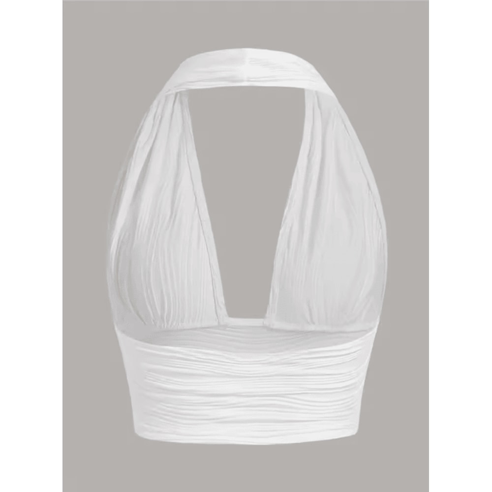 White Deep V Backless Halter Crop Top Y2K Club Street Style 7