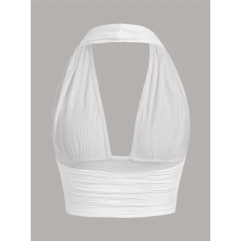White Deep V Backless Halter Crop Top Y2K Club Street Style 7