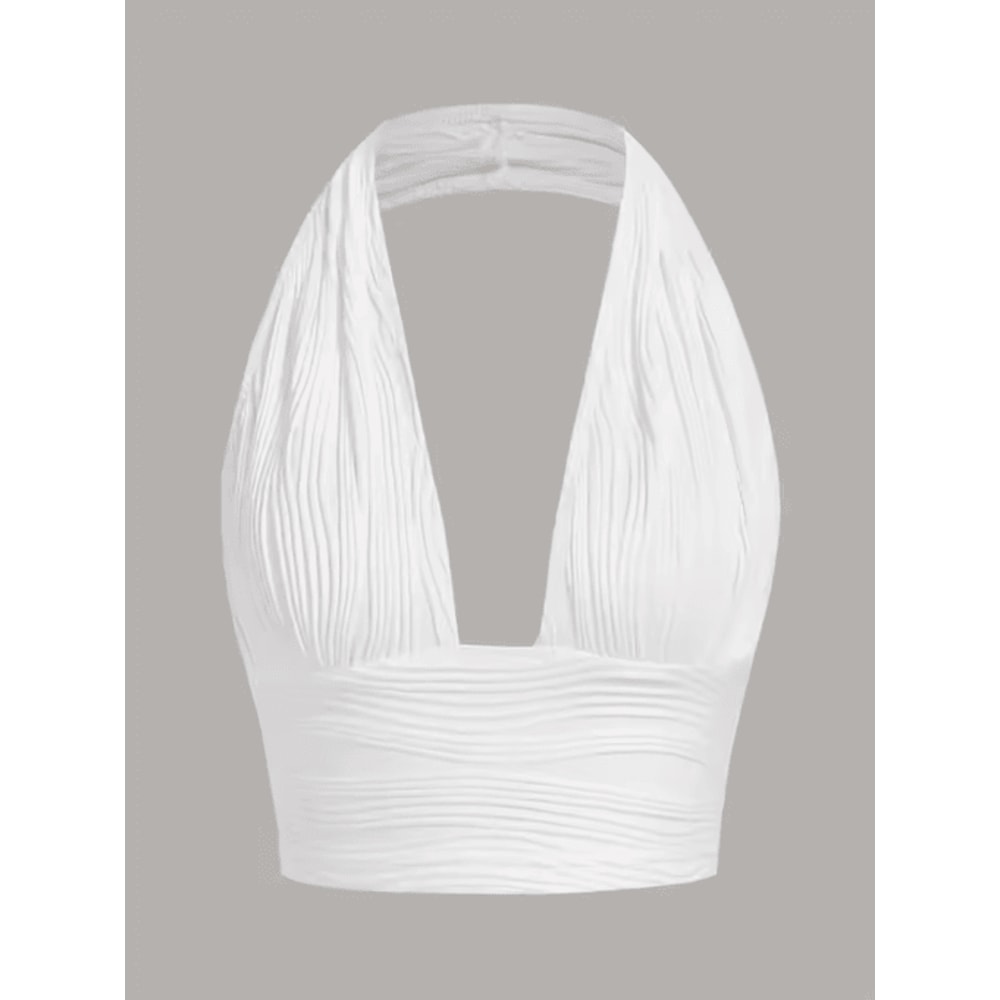 White Deep V Backless Halter Crop Top Y2K Club Street Style 0
