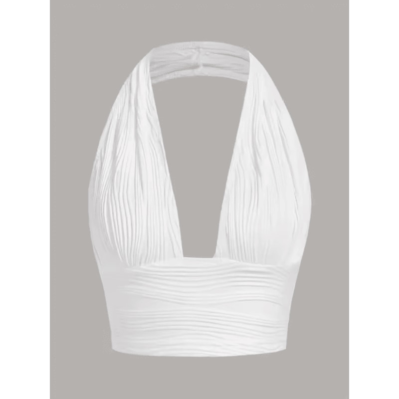 White Deep V Backless Halter Crop Top Y2K Club Street Style 0