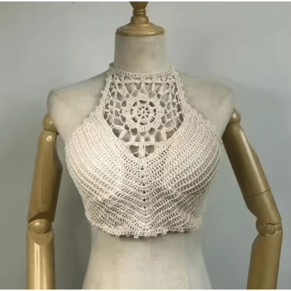 Lace Halter Crop Top With BuiltIn Bra Retro Tassel Womens Beach Tank 1