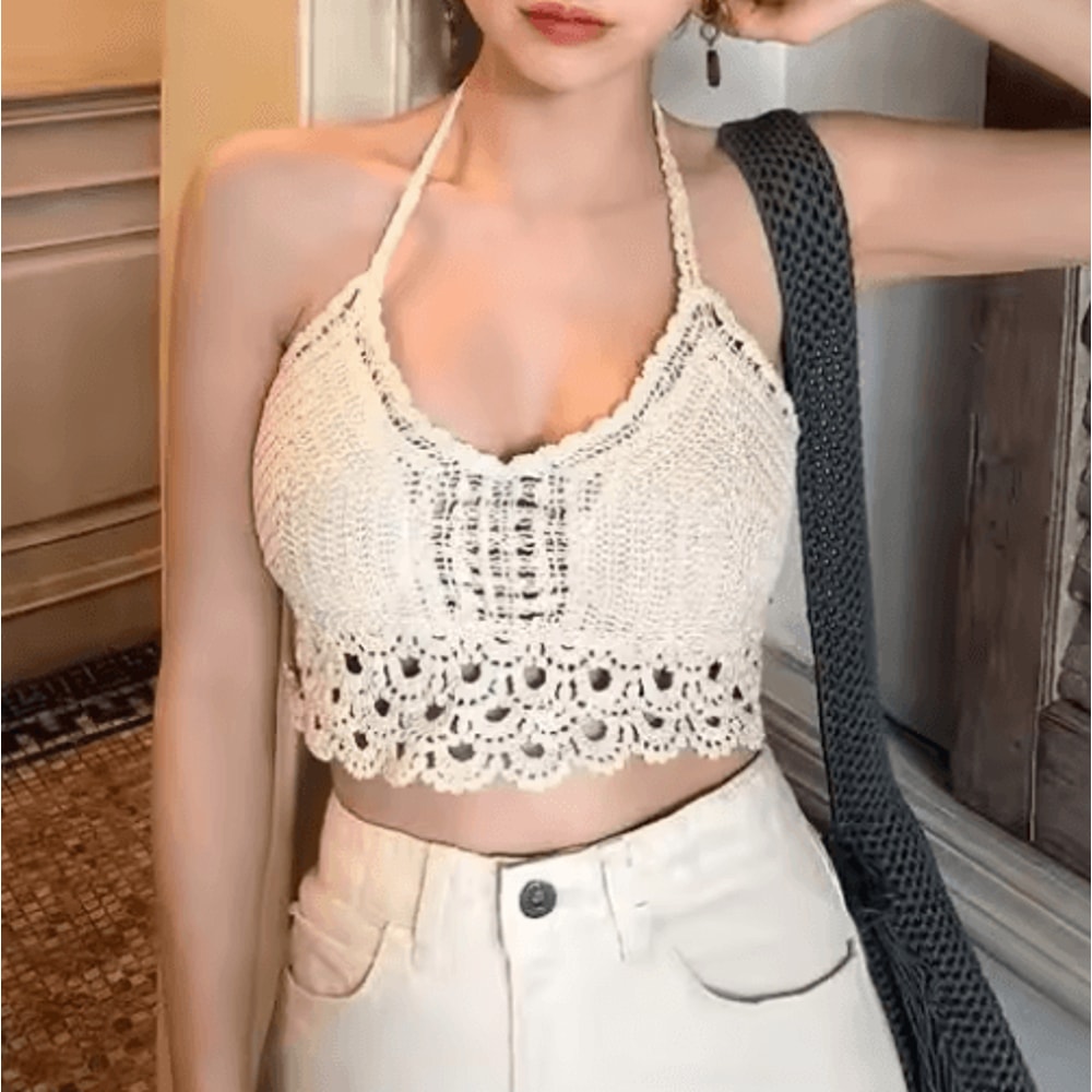 Lace Halter Crop Top With BuiltIn Bra Retro Tassel Womens Beach Tank 10