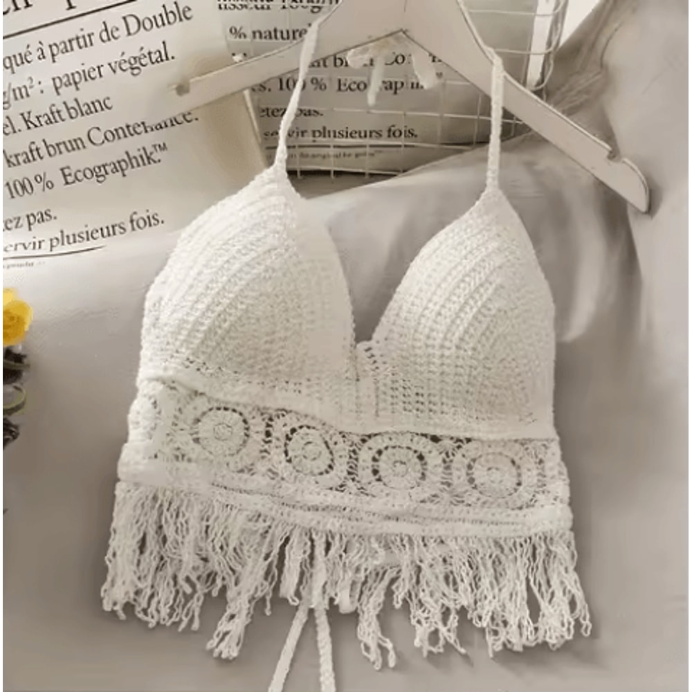 Lace Halter Crop Top With BuiltIn Bra Retro Tassel Womens Beach Tank 11