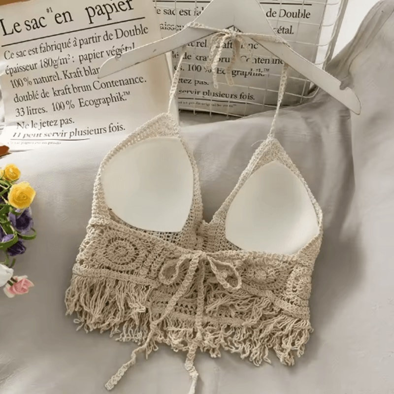 Lace Halter Crop Top With BuiltIn Bra Retro Tassel Womens Beach Tank 12