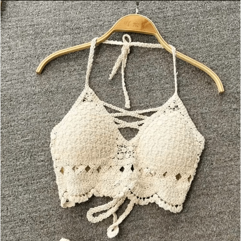Lace Halter Crop Top With BuiltIn Bra Retro Tassel Womens Beach Tank 2