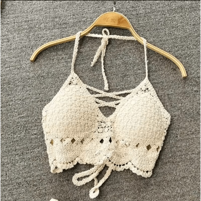 Lace Halter Crop Top With BuiltIn Bra Retro Tassel Womens Beach Tank 2
