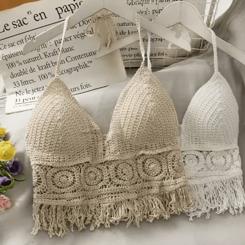 Lace Halter Crop Top With BuiltIn Bra Retro Tassel Womens Beach Tank 14