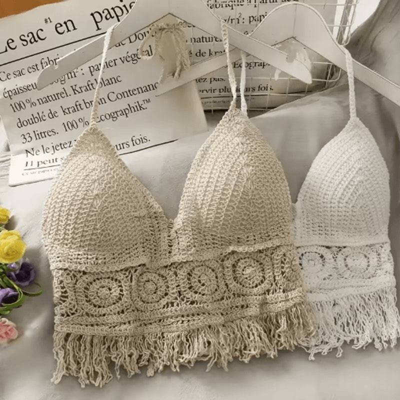 Lace Halter Crop Top With BuiltIn Bra Retro Tassel Womens Beach Tank 14