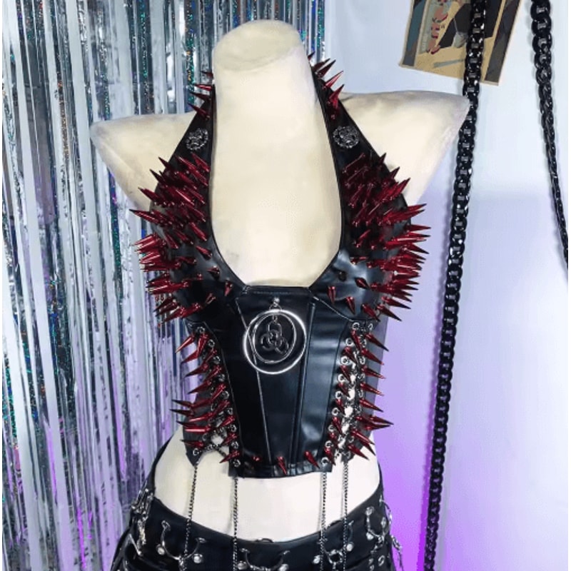 Spiked Gothic Punk Tank Y2K Grunge PU Leather Alternative Top For Women 3