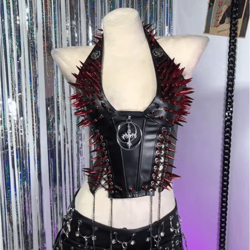 Spiked Gothic Punk Tank Y2K Grunge PU Leather Alternative Top For Women 4