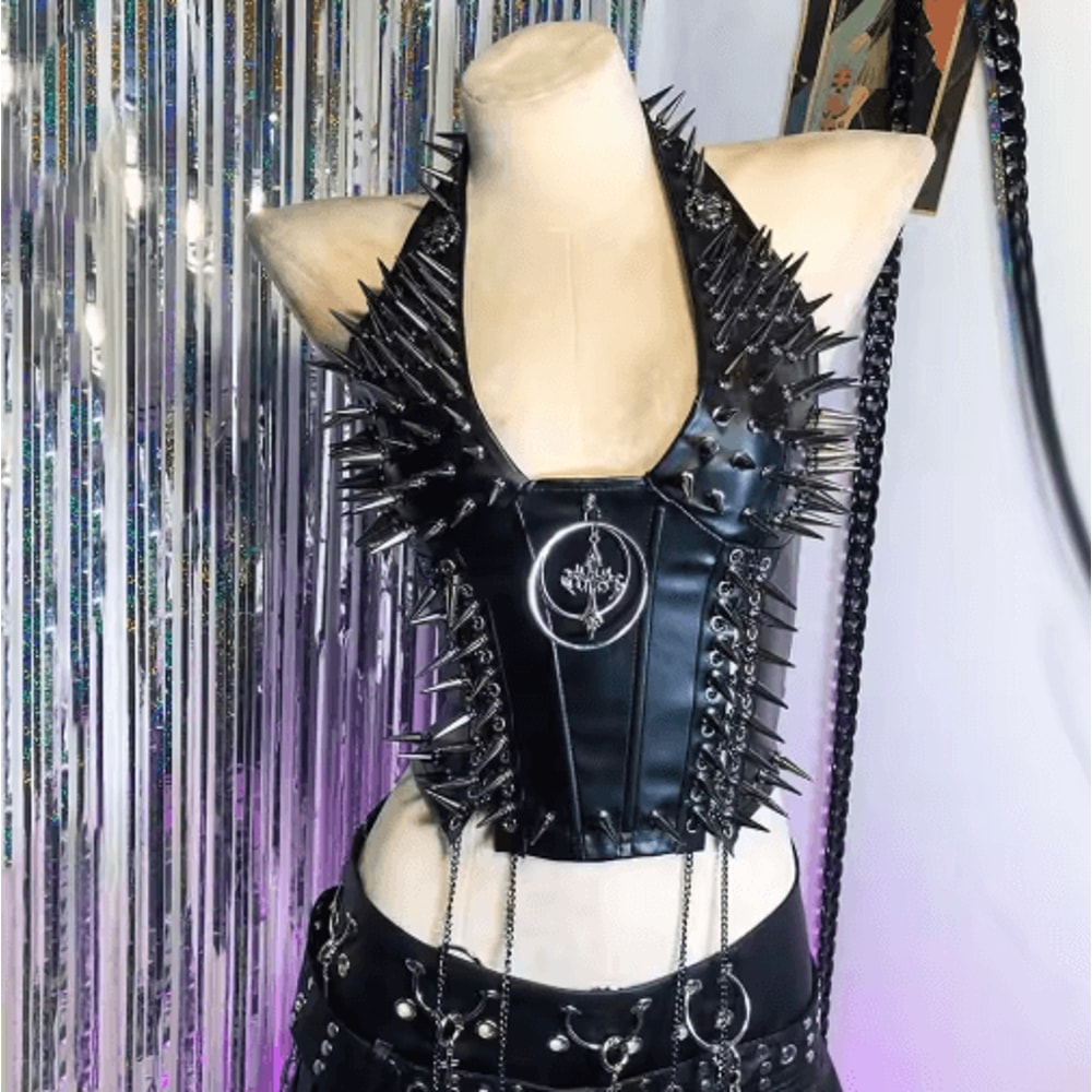 Spiked Gothic Punk Tank Y2K Grunge PU Leather Alternative Top For Women 11