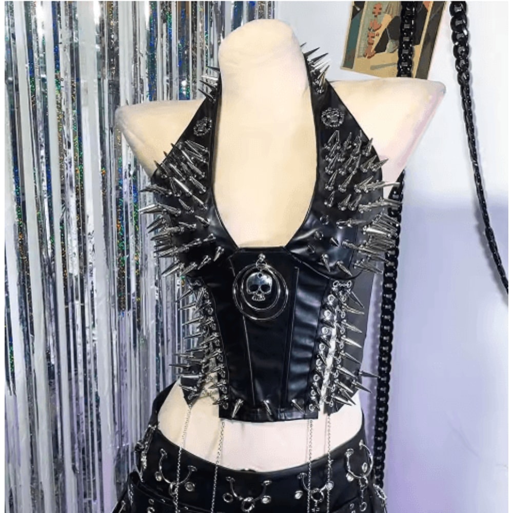 Spiked Gothic Punk Tank Y2K Grunge PU Leather Alternative Top For Women 13