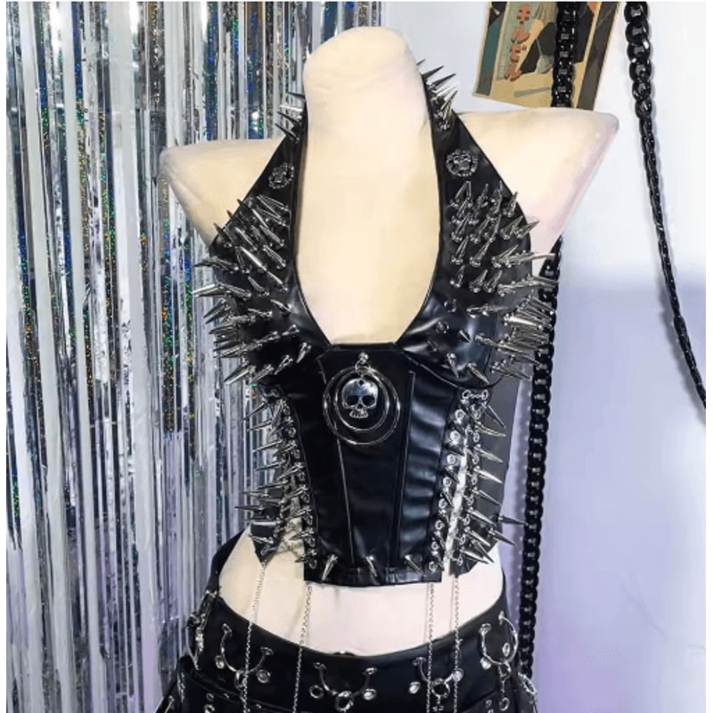 Spiked Gothic Punk Tank Y2K Grunge PU Leather Alternative Top For Women 13