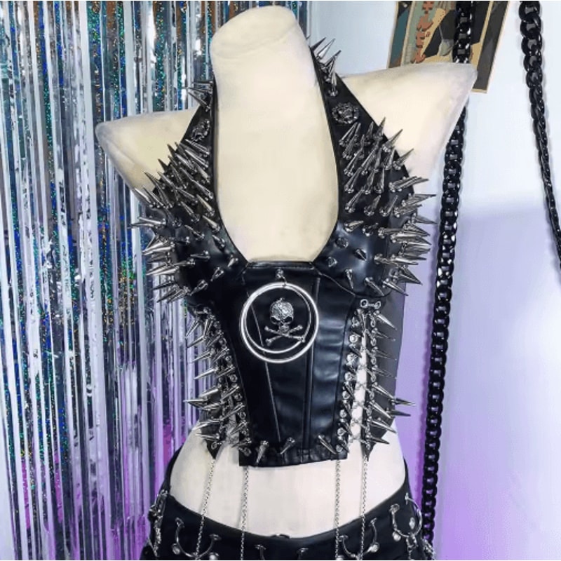 Spiked Gothic Punk Tank Y2K Grunge PU Leather Alternative Top For Women 15