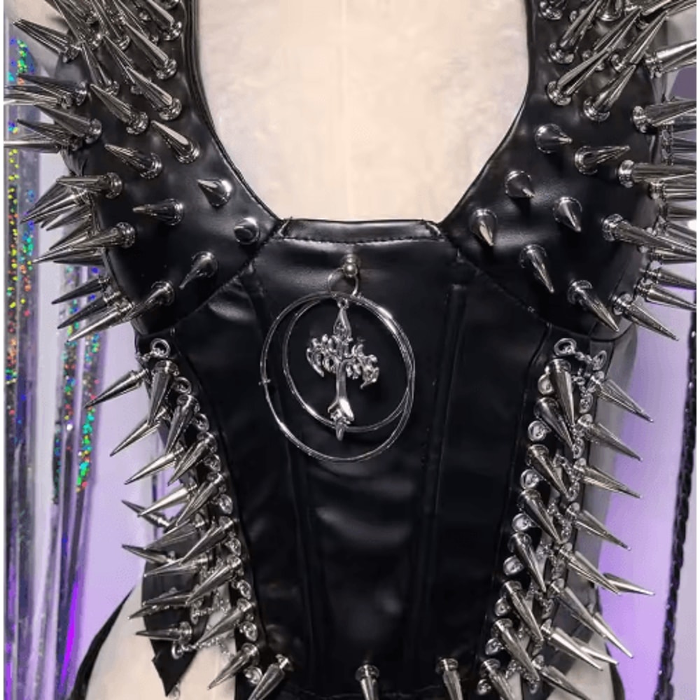 Spiked Gothic Punk Tank Y2K Grunge PU Leather Alternative Top For Women 16