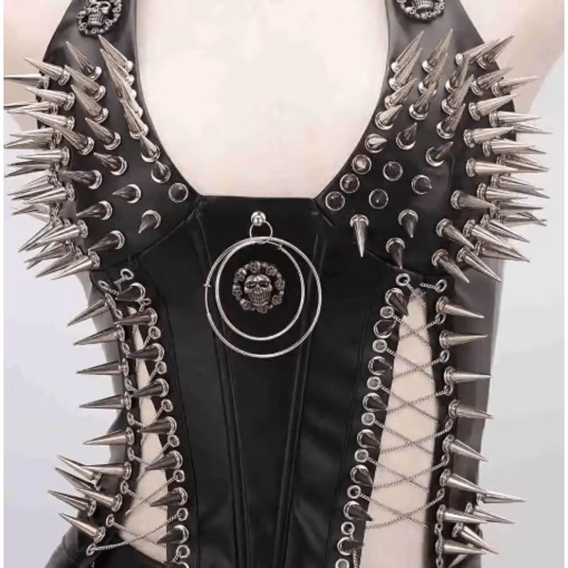 Spiked Gothic Punk Tank Y2K Grunge PU Leather Alternative Top For Women 18
