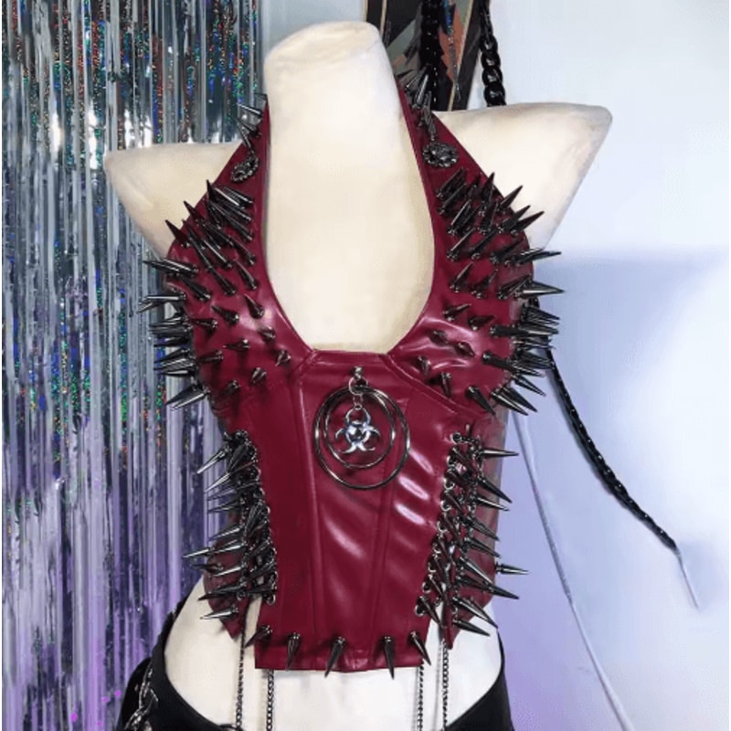 Spiked Gothic Punk Tank Y2K Grunge PU Leather Alternative Top For Women 7