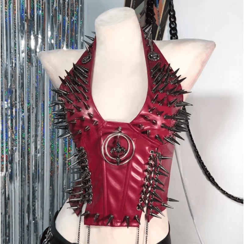 Spiked Gothic Punk Tank Y2K Grunge PU Leather Alternative Top For Women 8