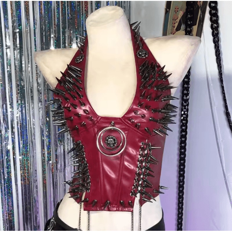 Spiked Gothic Punk Tank Y2K Grunge PU Leather Alternative Top For Women 9