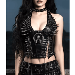 spiked gothic punk tank – y2k grunge pu leather alternative top for women