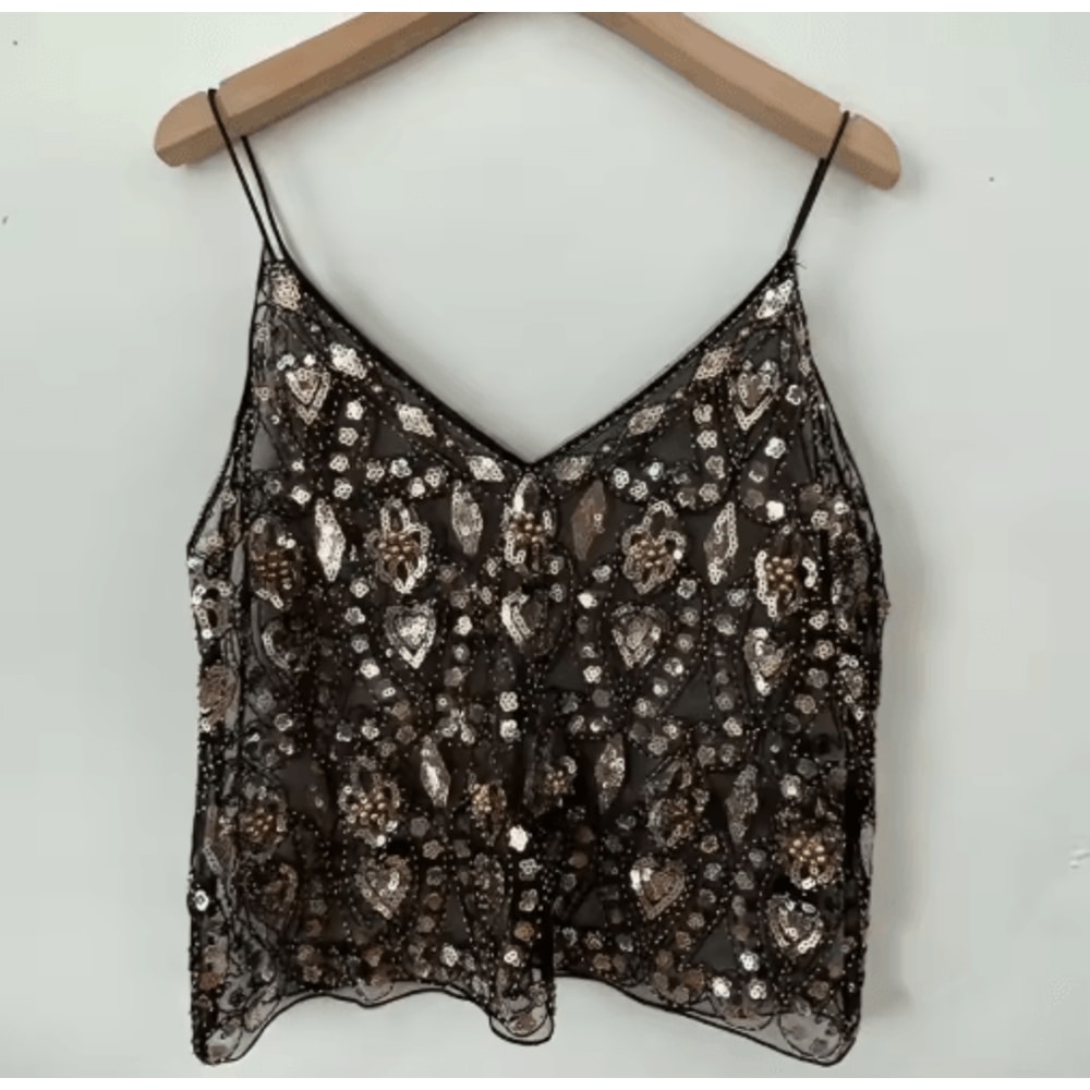Puloru Sequin Beaded Flower Camisole Open Back Chic Summer Top 1