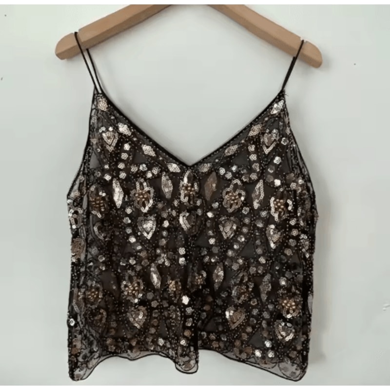 Puloru Sequin Beaded Flower Camisole Open Back Chic Summer Top 1
